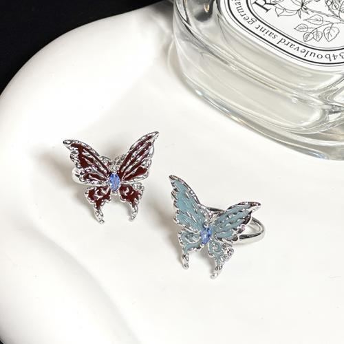 Brass Cuff Finger Ring Butterfly platinum color plated for woman & enamel & with rhinestone US Ring Sold By PC