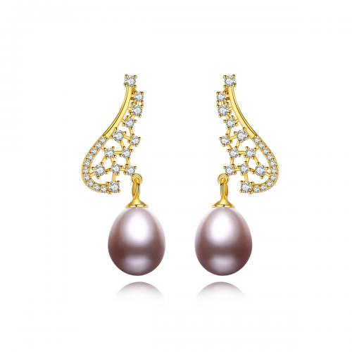 Freshwater Pearl Earrings, with 925 Sterling Silver, plated, fashion jewelry & micro pave cubic zirconia & for woman, more colors for choice, 27.50mm, Sold By Pair