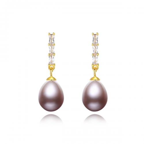 Freshwater Pearl Earrings with 925 Sterling Silver Teardrop plated fashion jewelry & micro pave cubic zirconia & for woman 23.50mm Sold By Pair