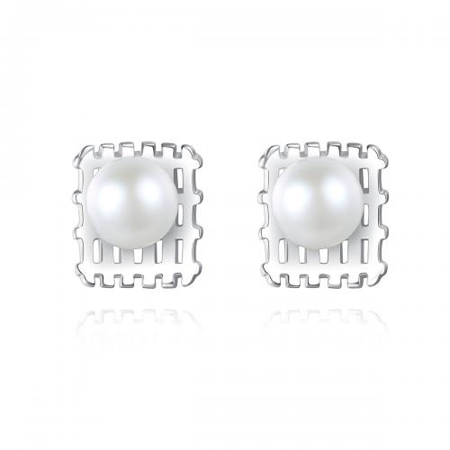 Sladkovodní Pearl náušnice, 925 Sterling Silver, s Sladkovodní Pearl, Náměstí, módní šperky & pro ženy, bílý, 7.80x8.50mm, Prodáno By Pair