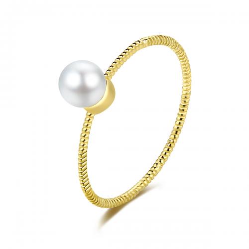 Freshwater Pearl Finger Ring 925 Sterling Silver with Freshwater Pearl Round gold color plated fashion jewelry & for woman white 0.80mm Sold By PC