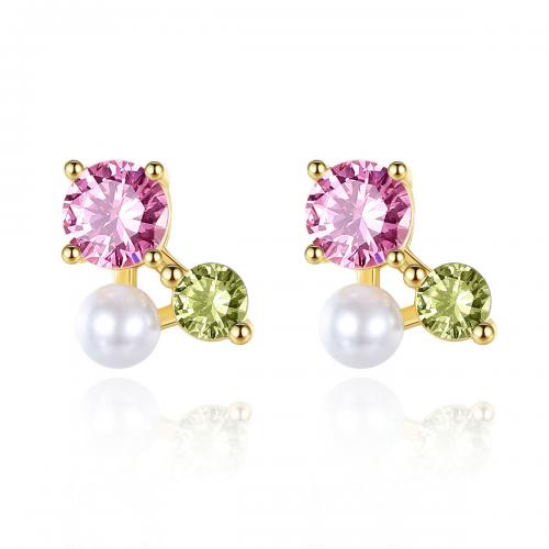 Boucle d'oreille bijoux en argent sterling, Argent sterling 925, avec perle & zircon cubique, Placage, bijoux de mode & pour femme, plus de couleurs à choisir, 6.40x7.60mm, Vendu par paire