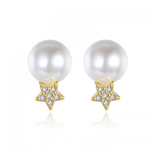 925 Sterling Silver Stud Earrings, with pearl, plated, fashion jewelry & micro pave cubic zirconia & for woman, more colors for choice, 6x9.70mm, Sold By Pair