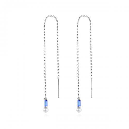 925 Sterling Silver Thread Through Earrings, with Tanzanite & pearl, fashion jewelry & for woman, more colors for choice, 3.20x125mm, Sold By Pair