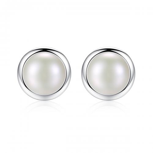 925 Sterling Silver Stud Earrings with pearl Round fashion jewelry & for woman white Sold By Pair