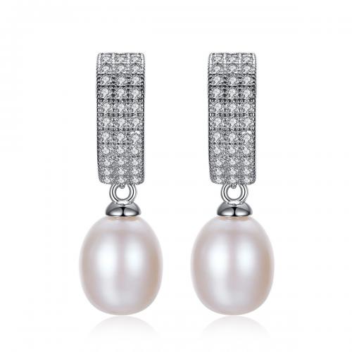 Freshwater Pearl Earrings, 925 Sterling Silver, with Freshwater Pearl, fashion jewelry & micro pave cubic zirconia & for woman, more colors for choice, 7x27mm, Sold By Pair