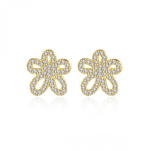 Cubic Zirconia Micro Pave Sterling Silver Earring 925 Sterling Silver Flower gold color plated fashion jewelry & micro pave cubic zirconia & for woman & hollow Sold By Pair