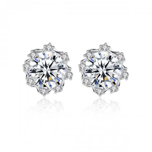 925 Sterling Silver Stud Earrings, with Moissanite, Flower, platinum plated, fashion jewelry & for woman, clear, 9x9mm, Sold By Pair