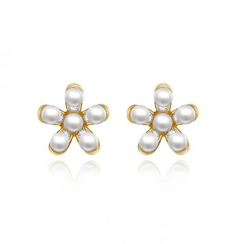 925 Sterling Silver Stud Earrings, with pearl & Cubic Zirconia, Flower, gold color plated, fashion jewelry & for woman, white, 5.90x5.70mm, Sold By Pair