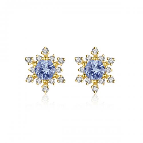 925 Sterling Silver Stud Earrings, with Cubic Zirconia, Snowflake, gold color plated, fashion jewelry & for woman, mixed colors, 8.40x9.30mm, Sold By Pair