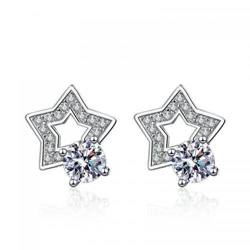 Cubic Zirconia Micro Pave Brass Earring, Star, silver color plated, fashion jewelry & micro pave cubic zirconia & for woman, nickel, lead & cadmium free, 9.90x11mm, Sold By Pair