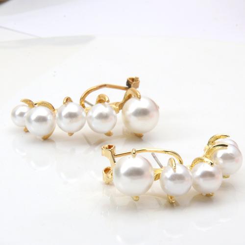 Tibetan Style Stud Earring, with Plastic Pearl, gold color plated, fashion jewelry & for woman, nickel, lead & cadmium free, 22x36mm, Sold By Pair