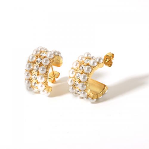 Stainless Steel Stud Earrings, 304 Stainless Steel, with Plastic Pearl, 18K gold plated, fashion jewelry & for woman & with rhinestone, golden, 12.30x12.30mm, Sold By Pair