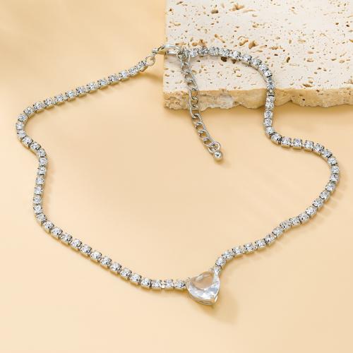 Zinc Alloy Jewelry Necklace with 5.7cm extender chain Heart fashion jewelry & for woman & with rhinestone silver color nickel lead & cadmium free Length Approx 37.9 cm Sold By PC