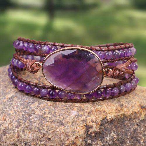 Wrap Bracelet, Amethyst, with leather cord, handmade, fashion jewelry & multilayer & Unisex, Length:Approx 51-60 cm, Sold By PC