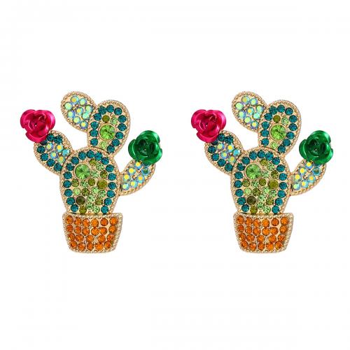 Zinc Alloy Stud Earring Opuntia Stricta fashion jewelry & for woman & with rhinestone nickel lead & cadmium free Sold By Pair