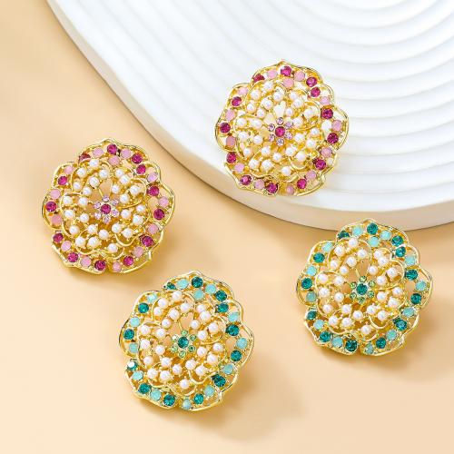 Tibetan Style Stud Earring, with Plastic Pearl, Flower, fashion jewelry & for woman & with rhinestone, more colors for choice, nickel, lead & cadmium free, 33x34mm, Sold By Pair