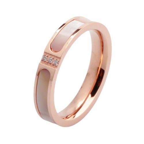 Titanium Steel Finger Ring, with Shell, plated, different size for choice & micro pave cubic zirconia & for woman, rose gold color, Sold By PC