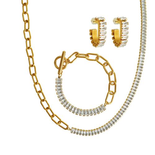 مجموعات المجوهرات, التيتانيوم الصلب, أنماط مختلفة للاختيار & الصغرى تمهيد زركون & للمرأة, ذهبي, earring 19*24mm, تباع بواسطة PC