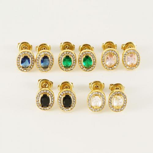 Stainless Steel Stud Earrings, 304 Stainless Steel, 18K gold plated, fashion jewelry & micro pave cubic zirconia & for woman, more colors for choice, 10.40x8.40mm, Sold By Pair