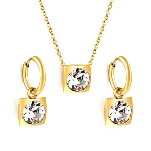 Rhinestone Stainless Steel Jewelry Set, earring & necklace, 304 Stainless Steel, with 5cm extender chain, Vacuum Ion Plating, 2 pieces & for woman & with rhinestone, more colors for choice, Length:Approx 45 cm, Sold By Set