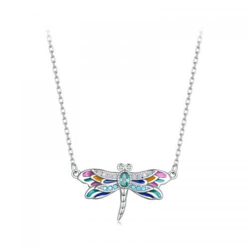 Cubic Zircon Micro Pave 925 Sterling Silver Necklace with Glass with 5CM extender chain Dragonfly plated micro pave cubic zirconia & for woman & enamel silver color Length Approx 40 cm Sold By PC