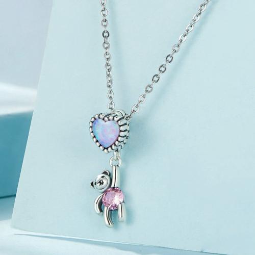 Cubic Zircon Micro Pave 925 Sterling Silver Necklace with Opal Bear plated micro pave cubic zirconia & for woman silver color Approx 4.5mm Length Approx 45 cm Sold By PC