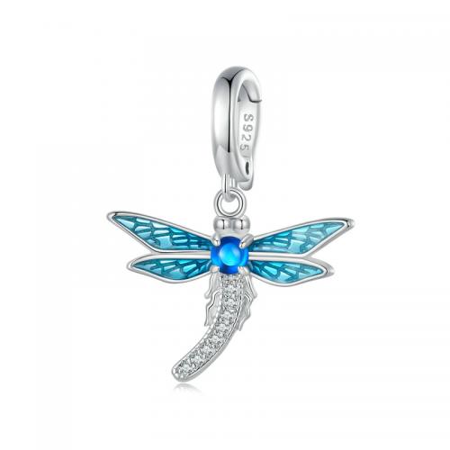Cubic Zirconia Micro Pave 925 Sterling Silver Pendant, with Spinel, Dragonfly, plated, DIY & micro pave cubic zirconia & enamel, silver color, Sold By PC