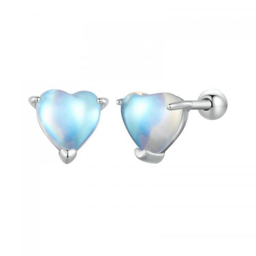 925 Sterling Silver Stud Earrings with Moonstone Heart plated for woman silver color Approx 4.5mm Sold By Pair