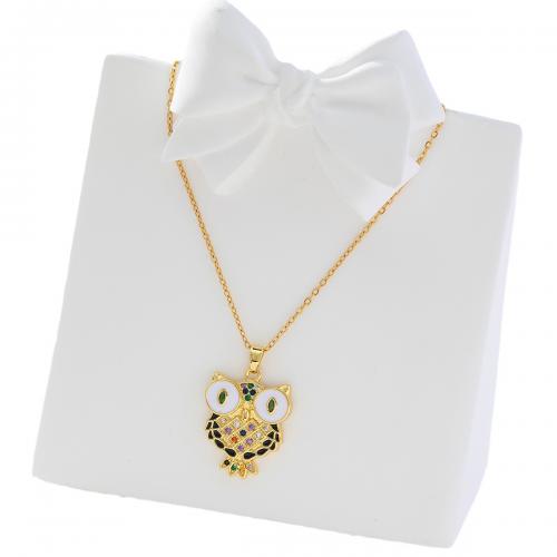 Cubic Zircon Micro Pave Brass Necklace Owl real gold plated micro pave cubic zirconia & for woman & enamel golden Sold By PC