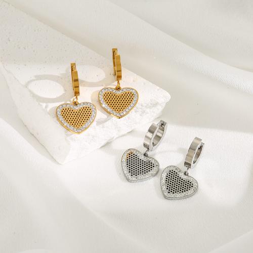 Titanium Steel Huggie Hoop Drop Earring, Heart, plated, for woman & with rhinestone, more colors for choice, 15x30mm, Sold By Pair