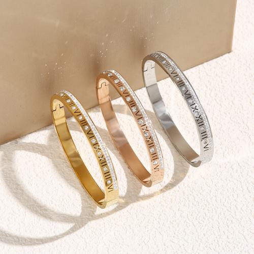 Titanium Steel Bangle, plated, with roman number & for woman & with rhinestone, more colors for choice, Inner Diameter:Approx 60mm, Sold By PC
