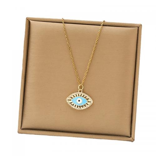 304 Stainless Steel Necklace, with 2inch extender chain, Evil Eye, real gold plated, oval chain & micro pave cubic zirconia & for woman & enamel, more colors for choice, Length:Approx 15.7 Inch, Sold By PC