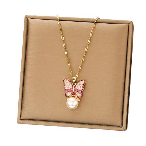 304 Stainless Steel Necklace, with Plastic Pearl, with 2inch extender chain, Butterfly, 18K gold plated, for woman & with rhinestone, Length:Approx 15.7 Inch, Sold By PC