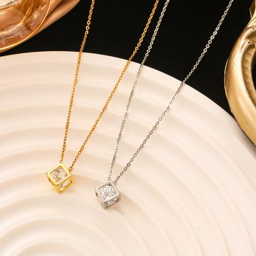 304 Stainless Steel Necklace with 2inch extender chain Cube Vacuum Ion Plating oval chain & micro pave cubic zirconia & for woman & hollow Length Approx 15.7 Inch Sold By PC