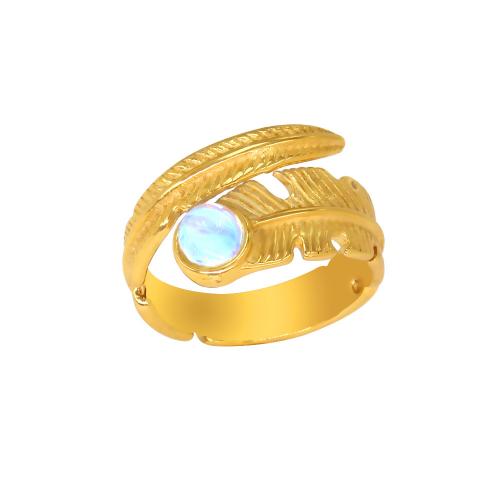 Titanium Steel Cuff Finger Ring, with Sea Opal, Feather, gold color plated, fashion jewelry & for woman, US Ring Size:6-8, Sold By PC