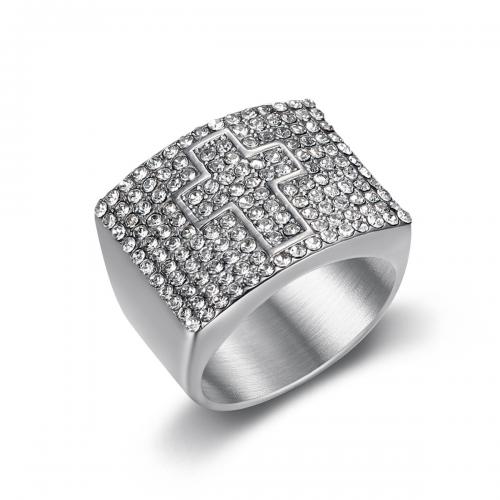 Titanium Steel Finger Ring Geometrical Pattern Vacuum Ion Plating with cross pattern & for man & with rhinestone US Ring Sold By PC