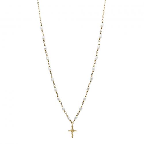 304 Stainless Steel Necklace with Plastic Pearl with 2inch extender chain Cross 14K gold plated & for woman Length Approx 22.4 Inch Sold By PC