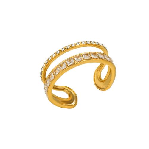 304 Stainless Steel Cuff Finger Ring gold color plated for woman & with rhinestone & hollow US Ring Sold By PC