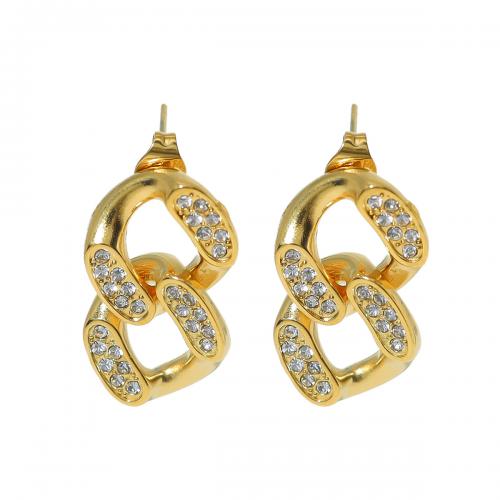 304 Stainless Steel Drop Earring, Geometrical Pattern, gold color plated, for woman & with rhinestone & hollow, 14x23mm, Sold By Pair