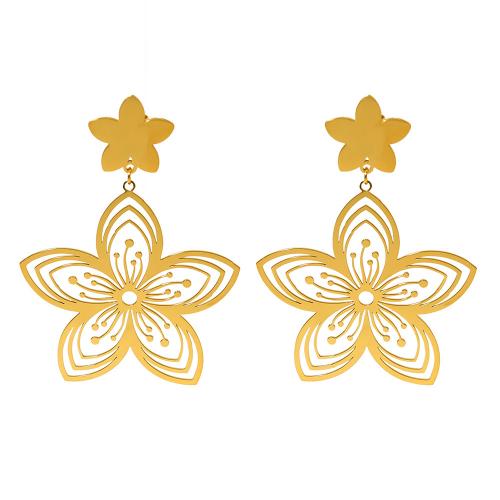 304 Stainless Steel Drop Earring Flower 18K gold plated for woman & hollow Sold By Pair