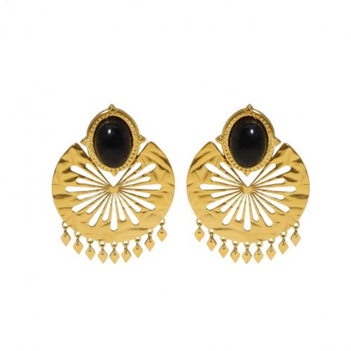 304 Stainless Steel Drop Earring, with Black Stone, Geometrical Pattern, gold color plated, vintage & for woman & hollow, 35x48mm, Sold By Pair