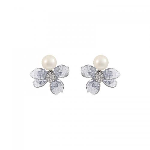 Copper Alloy Drop Earring with Crystal & Plastic Pearl Flower plated for woman & with rhinestone Sold By Pair