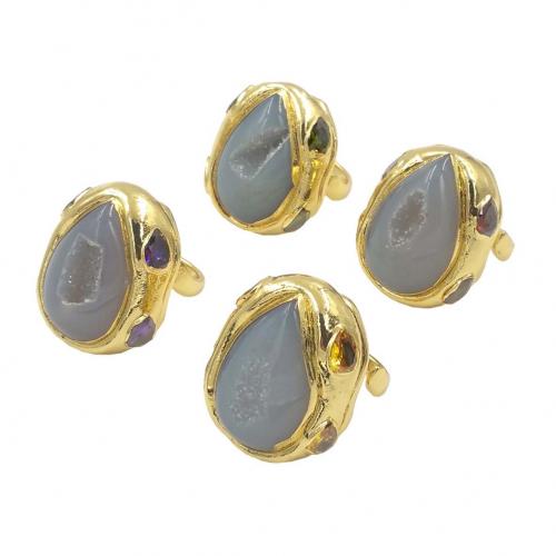 Agate Finger Ring, Ice Quartz Agate, with Cubic Zirconia & Brass, gold color plated, fashion jewelry & druzy style & Unisex, more colors for choice, 26x32mm, US Ring Size:7, Sold By PC