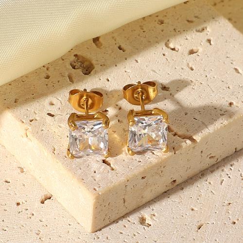 Stainless Steel Stud Earrings, 304 Stainless Steel, Square, 18K gold plated, fashion jewelry & micro pave cubic zirconia & for woman, more colors for choice, nickel, lead & cadmium free, Sold By Pair