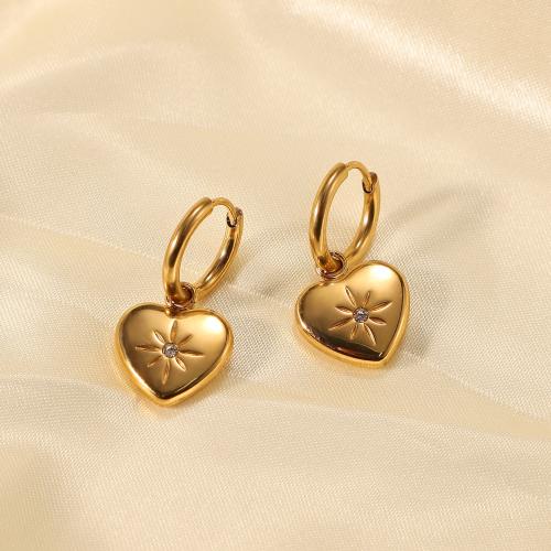 Huggie Hoop Drop Earring 304 Stainless Steel Heart 18K gold plated fashion jewelry & micro pave cubic zirconia & for woman nickel lead & cadmium free Sold By Pair