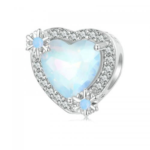 925 Sterling Silver Beads, with Opal & Glass, Heart, platinum plated, DIY & micro pave cubic zirconia, nickel, lead & cadmium free, 12x12mm, Hole:Approx 4.5mm, Sold By PC
