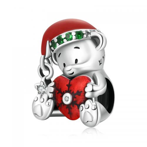 925 Sterling Silver Beads, Bear, platinum plated, Christmas Design & DIY & micro pave cubic zirconia & enamel, nickel, lead & cadmium free, 15x11mm, Hole:Approx 4.5mm, Sold By PC