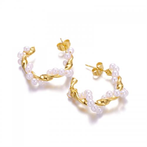 Boucle d'oreille de gaujon en acier inoxydable, Acier inoxydable 304, avec perle de plastique, bijoux de mode & pour femme, doré, 26x27mm, Vendu par paire
