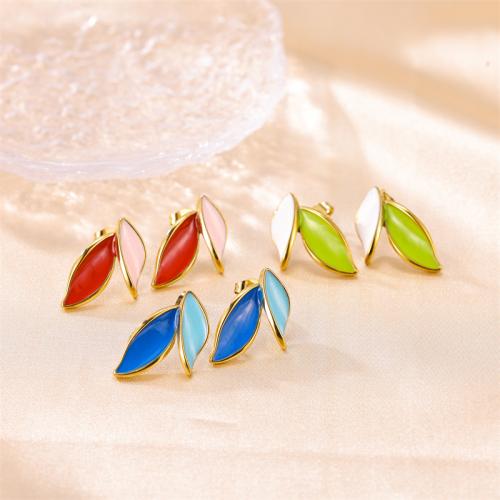 Stainless Steel Stud Earrings, 304 Stainless Steel, Leaf, fashion jewelry & for woman & enamel, more colors for choice, 18x20mm, Sold By Pair
